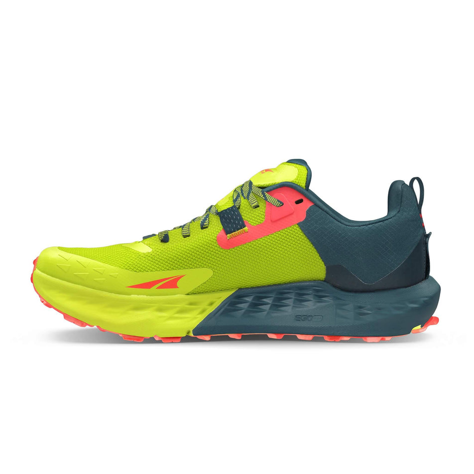 Medial side of the right shoe from a pair of Altra Men's Timp 5 Running Shoes in the Lime colourway (8164444504226)