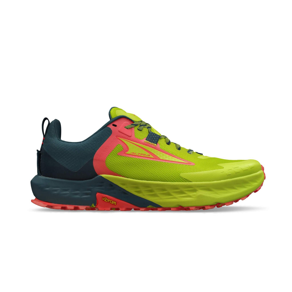 Lateral side of the right shoe from a pair of Altra Men's Timp 5 Running Shoes in the Lime colourway (8164444504226)
