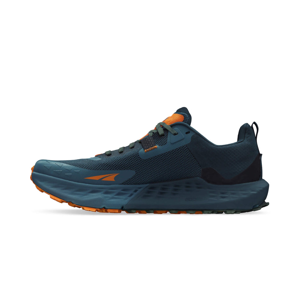 Medial side of the right shoe from a pair of Altra Men's Timp 5 Running Shoes in the Blue/Orange colourway (8164440015010)