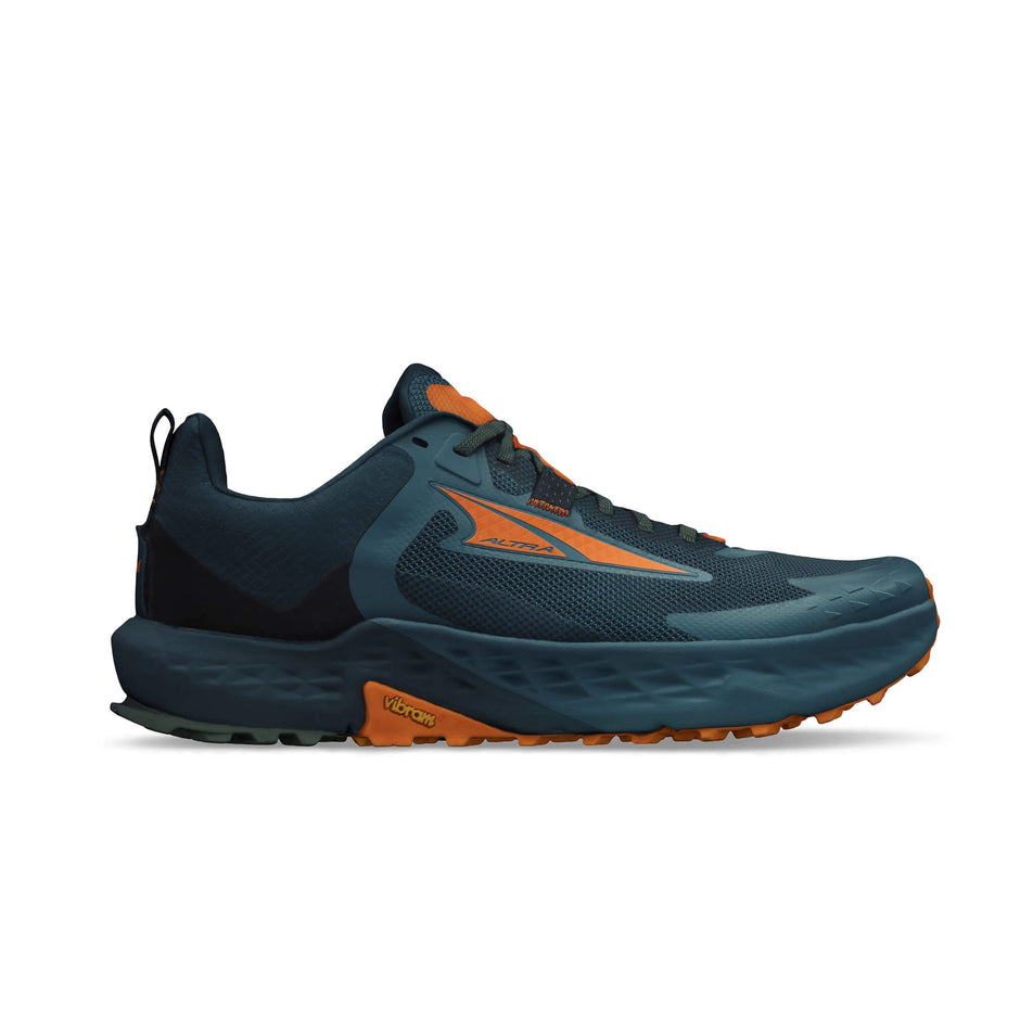 Lateral side of the right shoe from a pair of Altra Men's Timp 5 Running Shoes in the Blue/Orange colourway (8164440015010)