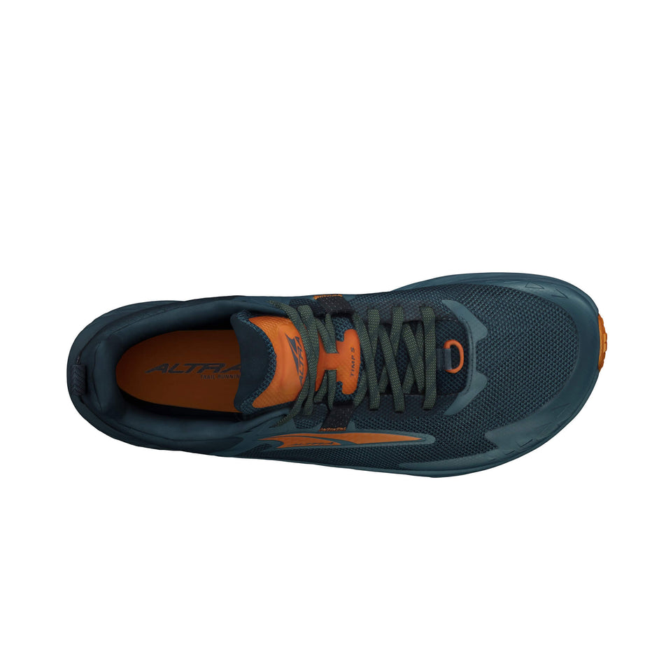 The upper of the right shoe from a pair of Altra Men's Timp 5 Running Shoes in the Blue/Orange colourway (8164440015010)