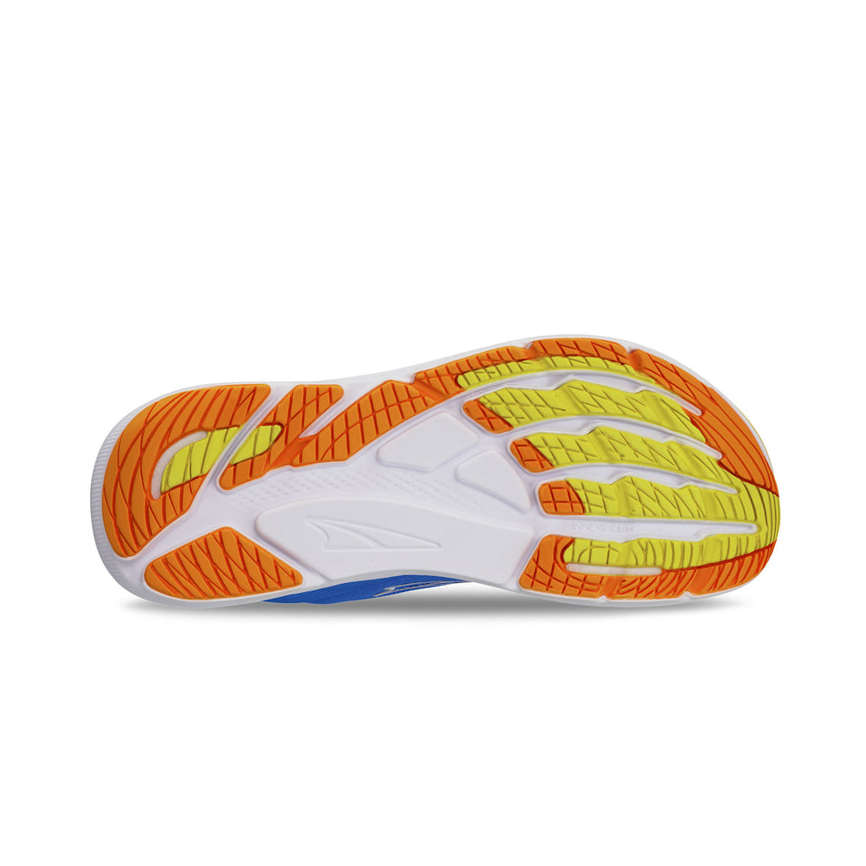 The outsole of the right shoe from a pair of Altra Men's FWD Via Road Running Shoes in the Blue/Yellow colourway. (8679896481954)