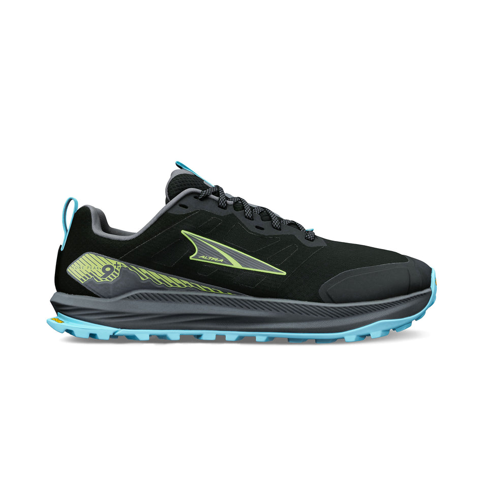 Lateral view of the right shoe from a pair of Altra Men's Lone Peak 9+ Running Shoes in the Black/Lime colourway.