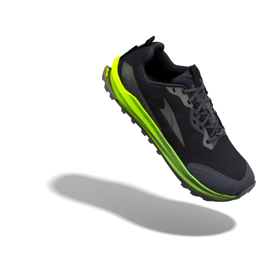 The right shoe from a pair of Altra Men's Lone Peak 9+ Trail Running Shoes in the Black/Dark Gll Grey/Green Gecko colourway.