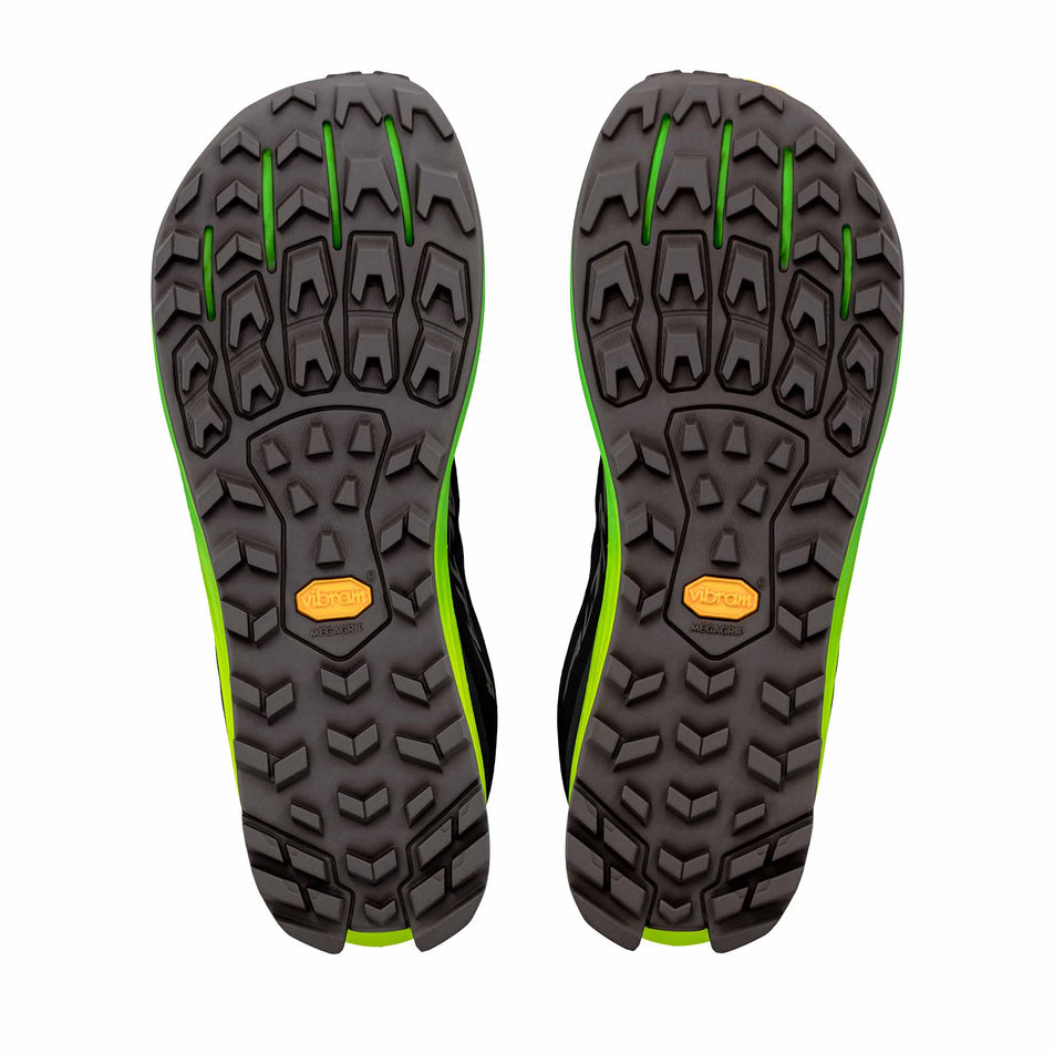 The outsoles of a pair of Altra Men's Lone Peak 9+ Trail Running Shoes in the Black/Dark Gll Grey/Green Gecko colourway.
