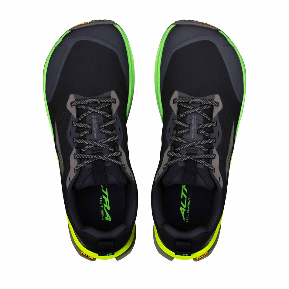 The uppers of a pair of Altra Men's Lone Peak 9+ Trail Running Shoes in the Black/Dark Gll Grey/Green Gecko colourway.