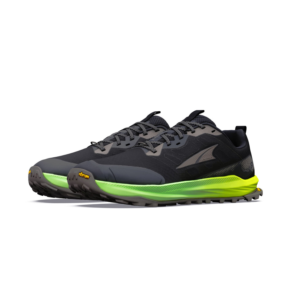 A pair of Altra Men's Lone Peak 9+ Trail Running Shoes in the Black/Dark Gll Grey/Green Gecko colourway.