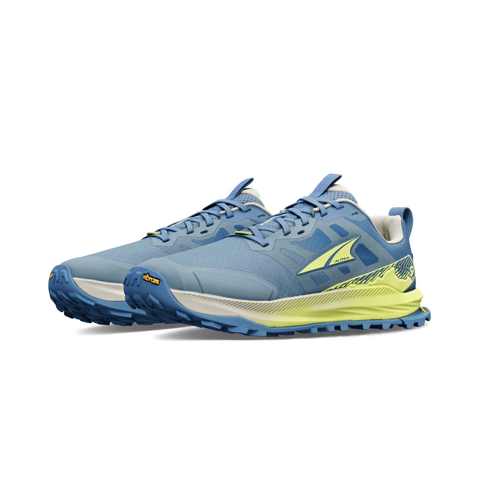 A pair of Altra Women's Lone Peak 9+ Running Shoes in the Blue/Lime colourway.