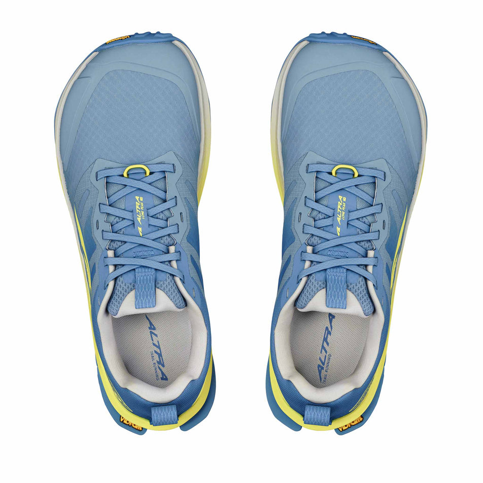 The uppers of a pair of Altra Women's Lone Peak 9+ Running Shoes in the Blue/Lime colourway.
