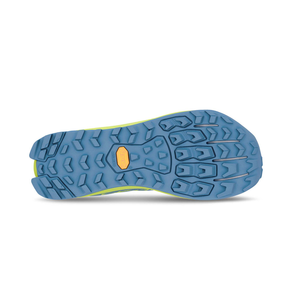 The outsole of the right shoe from a pair of Altra Women's Lone Peak 9+ Running Shoes in the Blue/Lime colourway.