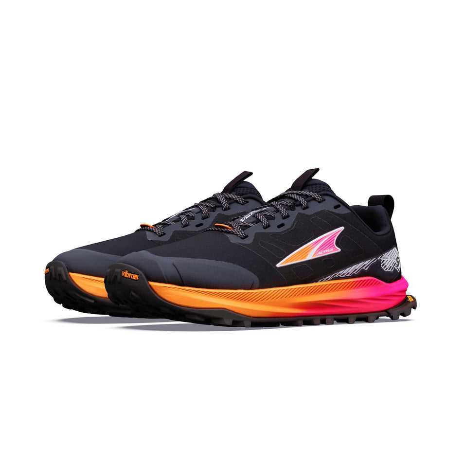 A pair of Altra Women's Lone Peak 9+ Running Shoes in the Black/Knockout Pink/White colourway.