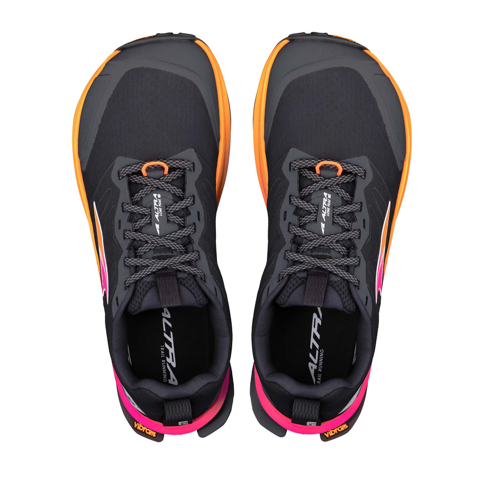 The uppers of a pair of Altra Women's Lone Peak 9+ Running Shoes in the Black/Knockout Pink/White colourway.