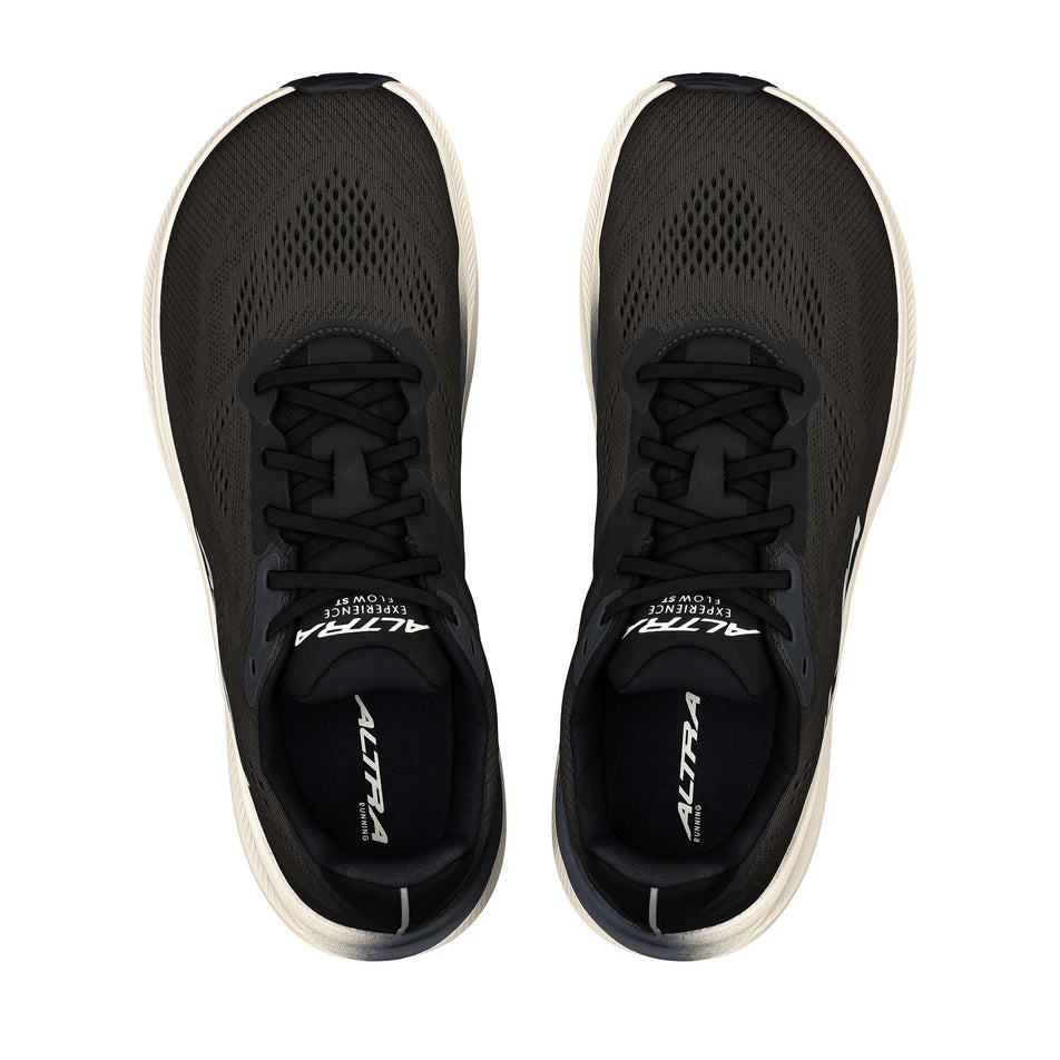 The uppers of a pair of Altra Men's Experience Flow ST Running Shoes in the Black/White colourway.