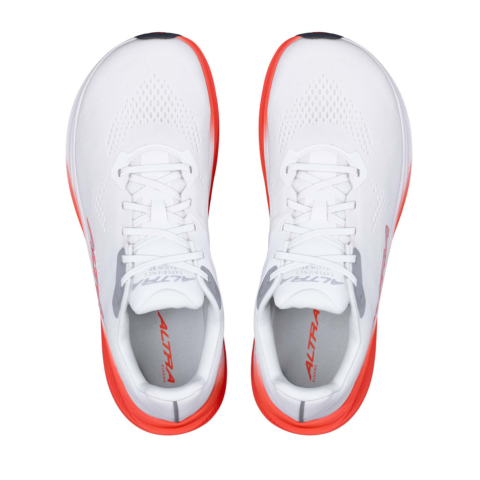 The uppers of a pair of Altra Men's Experience Flow ST Running Shoes in the White/Coral colourway.