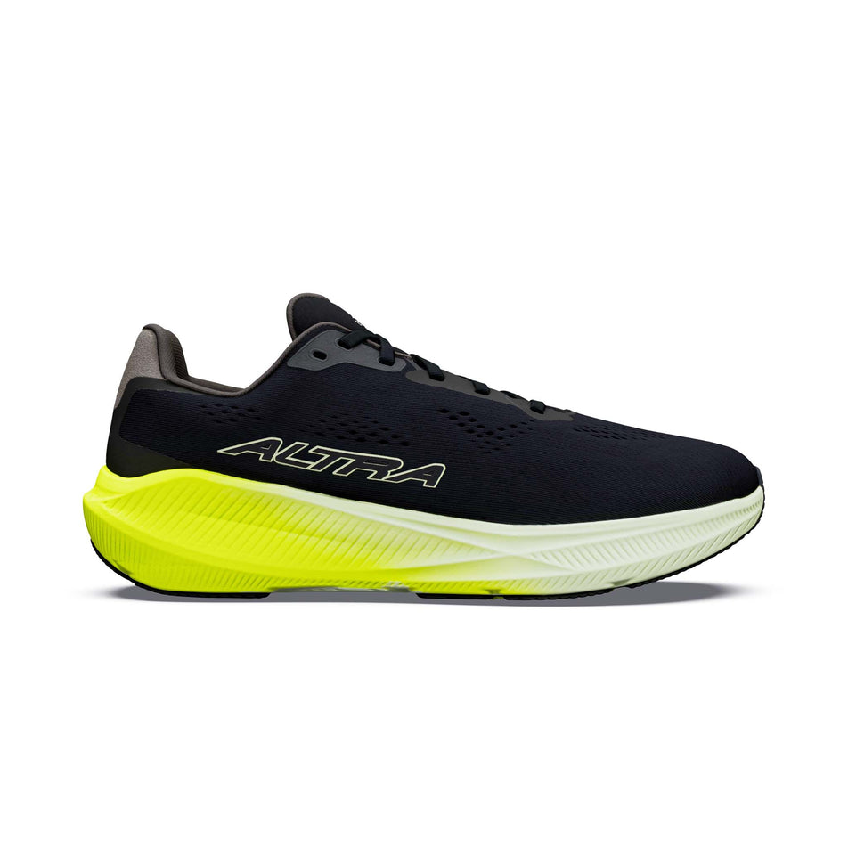 Lateral view of the right shoe from a pair of Altra Men's Experience Flow ST Running Shoes in the Black/Limecream/Wildlime colourway.