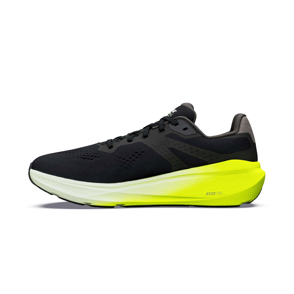 Medial view of the right shoe from a pair of Altra Men's Experience Flow ST Running Shoes in the Black/Limecream/Wildlime colourway.