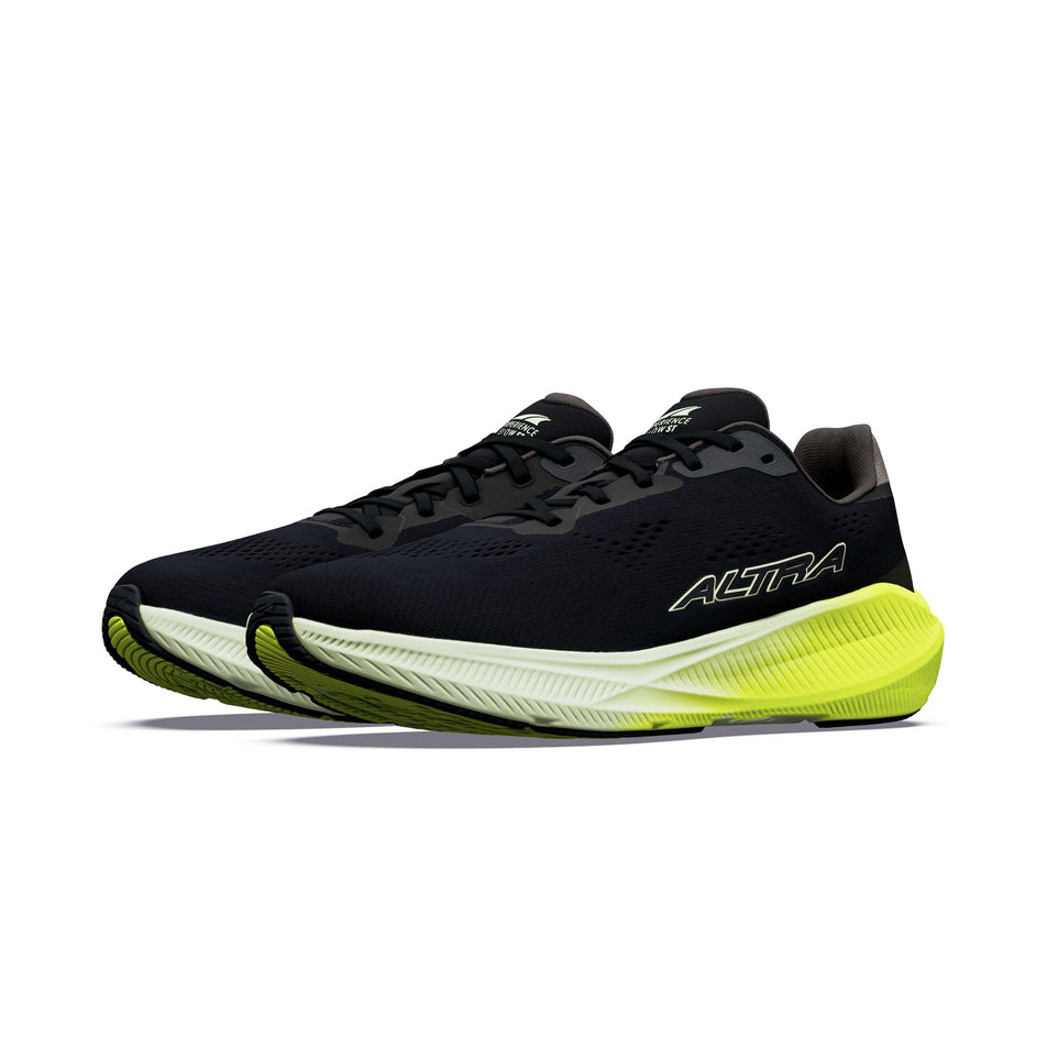 A pair of Altra Men's Experience Flow ST Running Shoes in the Black/Limecream/Wildlime colourway.