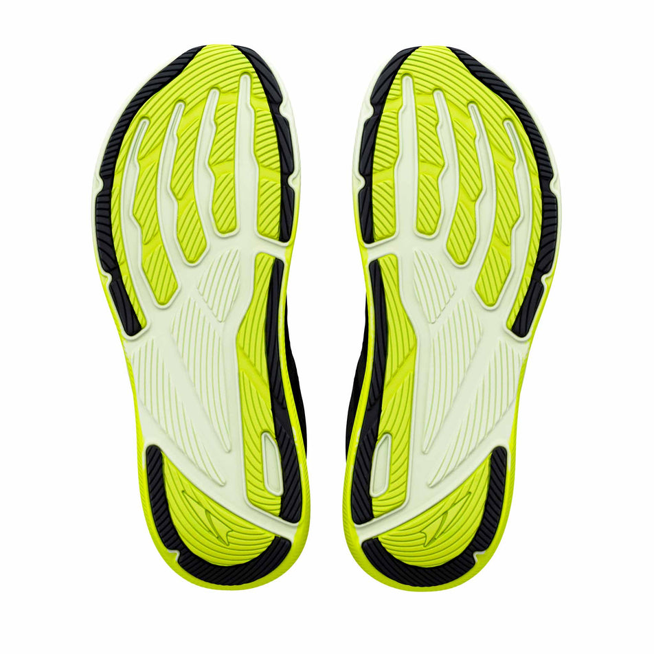 The outsoles of a pair of Altra Men's Experience Flow ST Running Shoes in the Black/Limecream/Wildlime colourway.