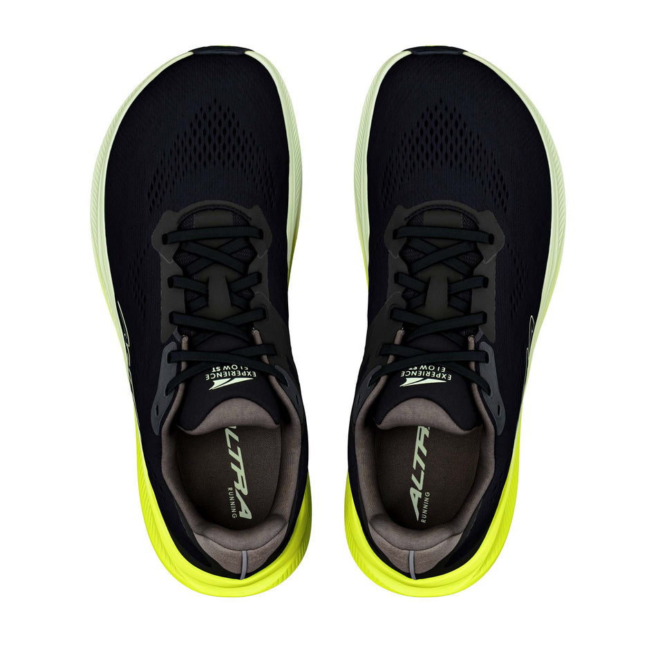 The uppers of a pair of Altra Men's Experience Flow ST Running Shoes in the Black/Limecream/Wildlime colourway.
