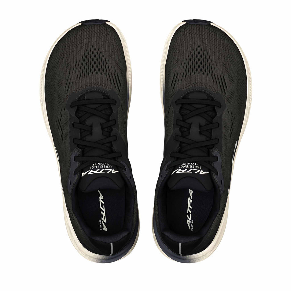The uppers of a pair of Altra Women's Experience Flow ST Running Shoes in the Black/White colourway.