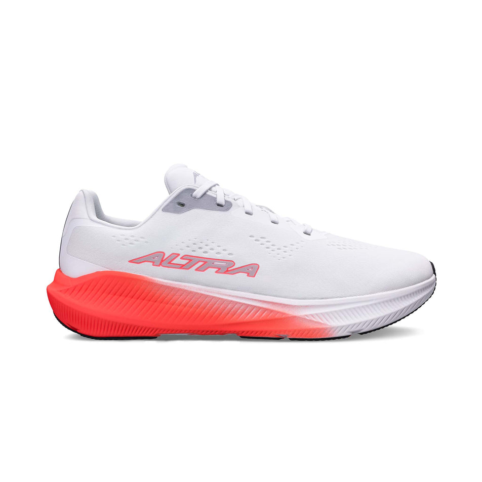 Lateral view of the right shoe from a pair of Altra Women's Experience Flow ST Running Shoes in the White/Coral colourway. 
