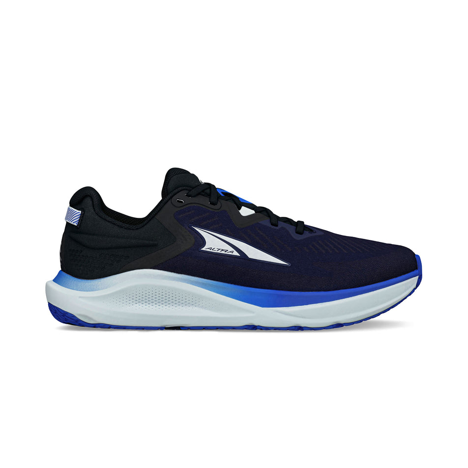 Lateral view of the right shoe from a pair of Altra Men's Paradigm 8 Running Shoes in the Navy/Black colourway. (8680026800290)