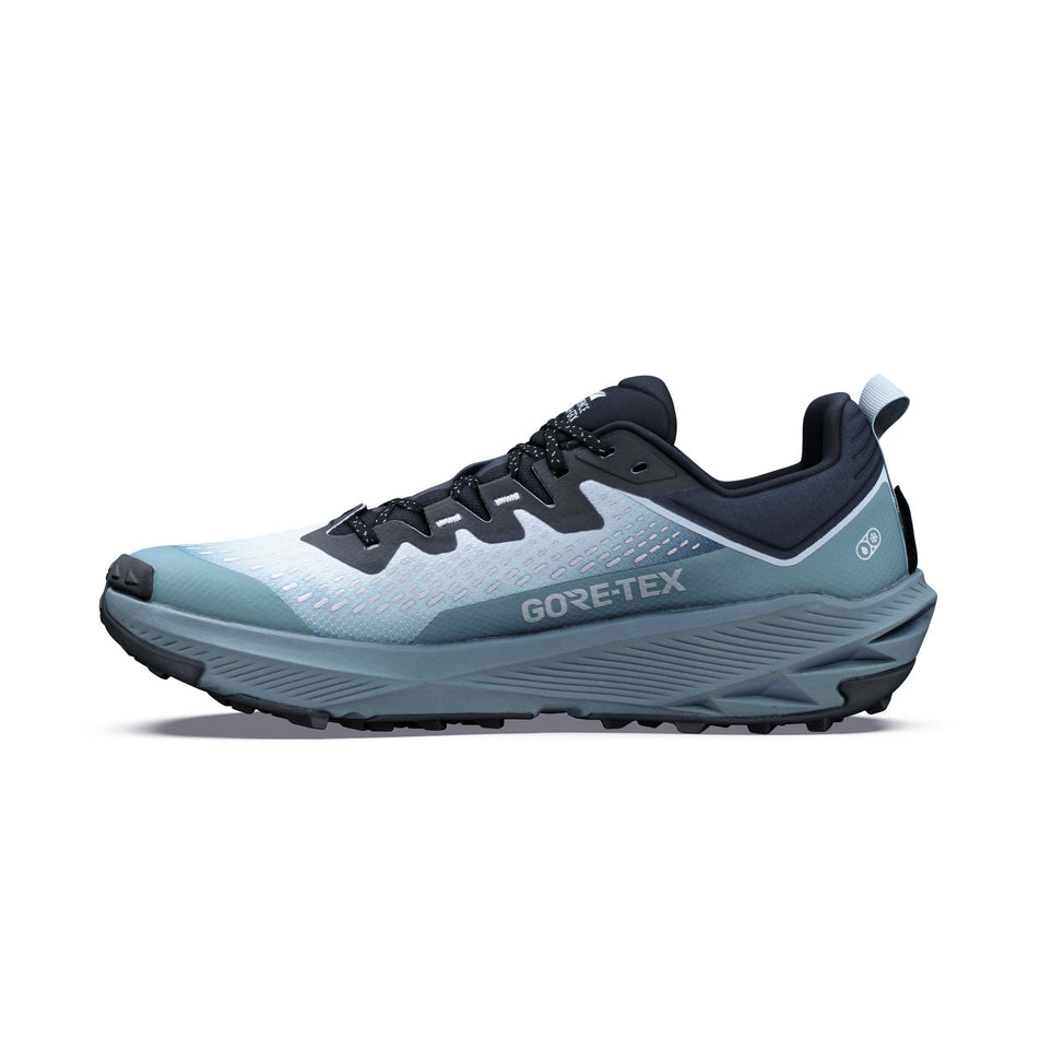 Medial view of the right shoe from a pair of Altra Men's Experience Wild 3+ GTX Running Shoes in the Blue Hour/Dawn colourway.