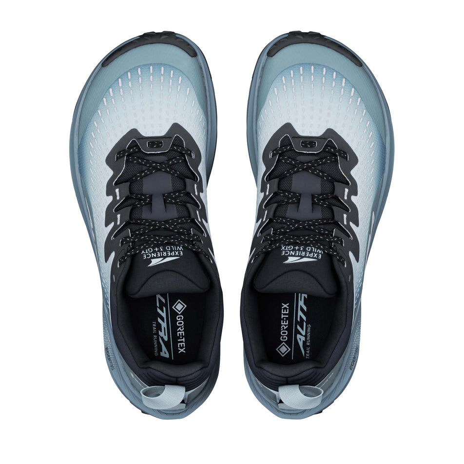 The uppers of a pair of Altra Men's Experience Wild 3+ GTX Running Shoes in the Blue Hour/Dawn colourway.