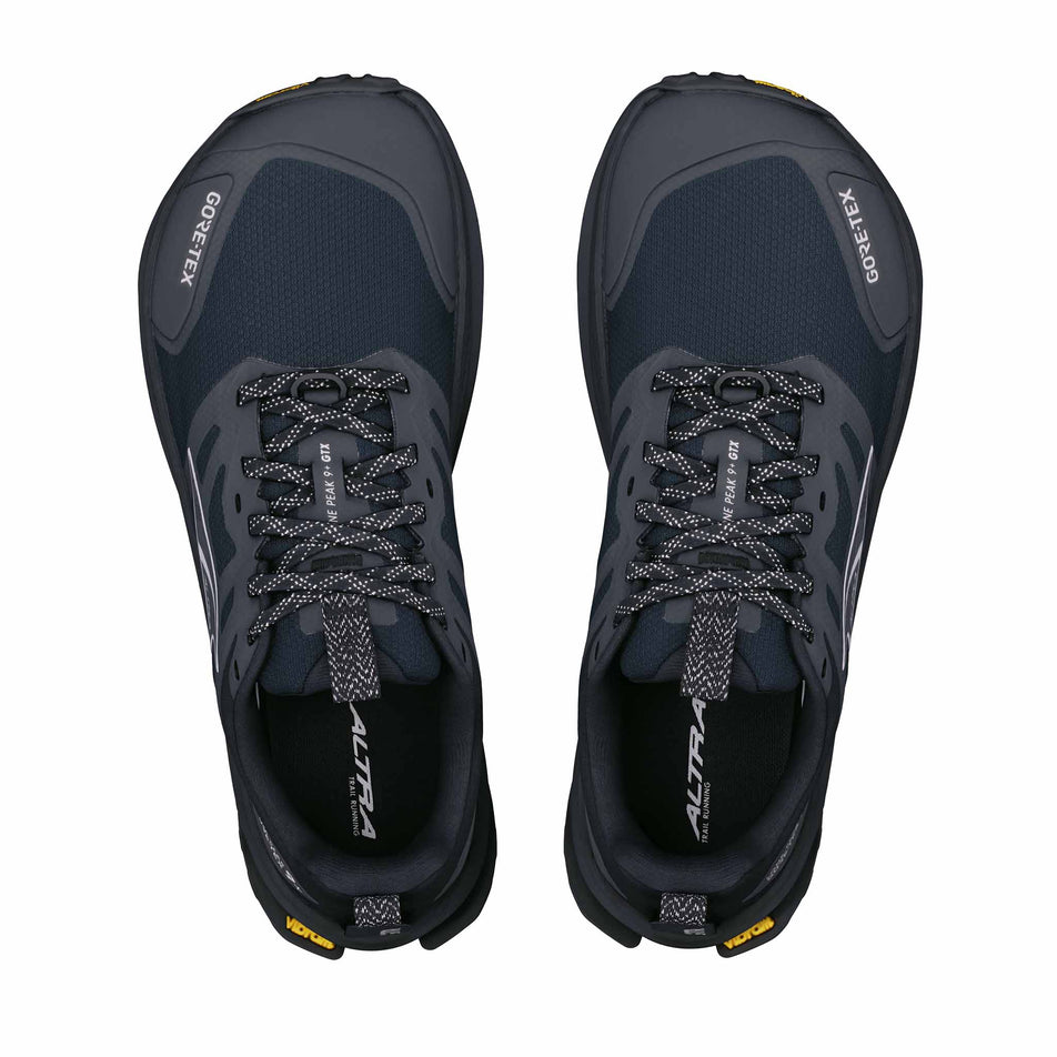 The uppers of a pair of Altra Women's Lone Peak 9+ GTX Running Shoes in the Black/Black colourway.