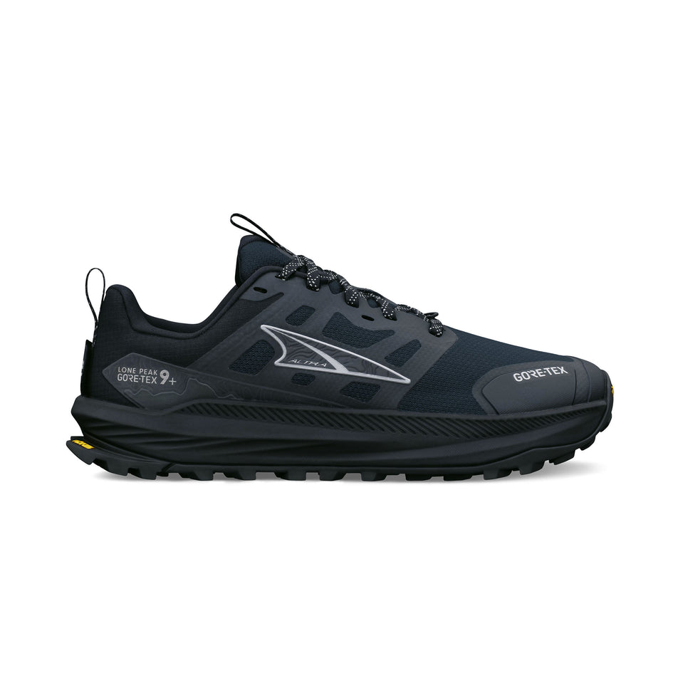 Lateral view of the right shoe from a pair of Altra Women's Lone Peak 9+ GTX Running Shoes in the Black/Black colourway.