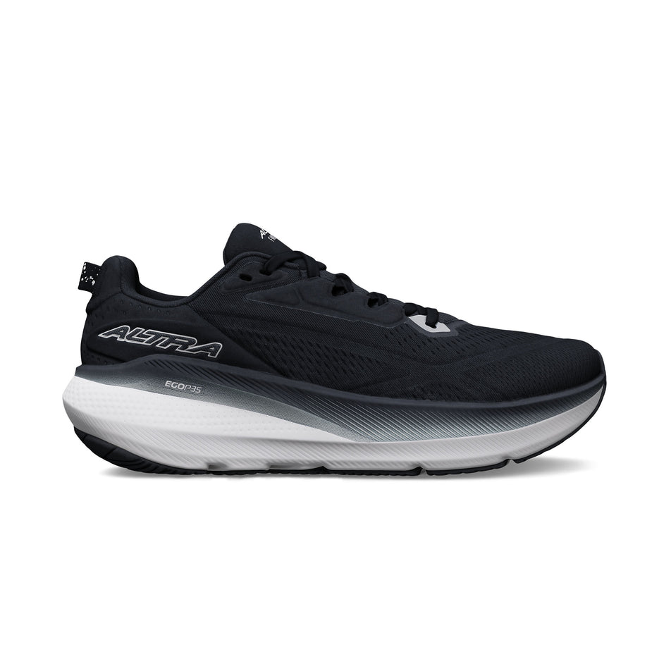 Lateral view of the right shoe from a pair of Altra Men's FWD VIA 2 Running Shoes in the Black/White colourway. 