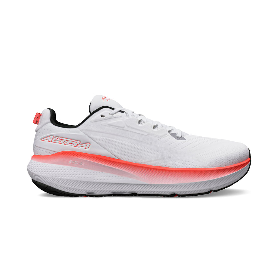 Lateral view of the right shoe from a pair of Altra Men's FWD VIA 2 Running Shoes in the White/Coral colourway. 