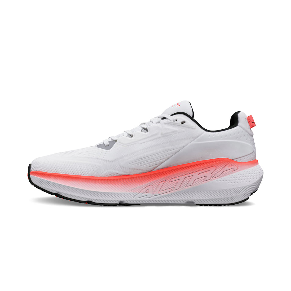 Medial view of the right shoe from a pair of Altra Men's FWD VIA 2 Running Shoes in the White/Coral colourway.
