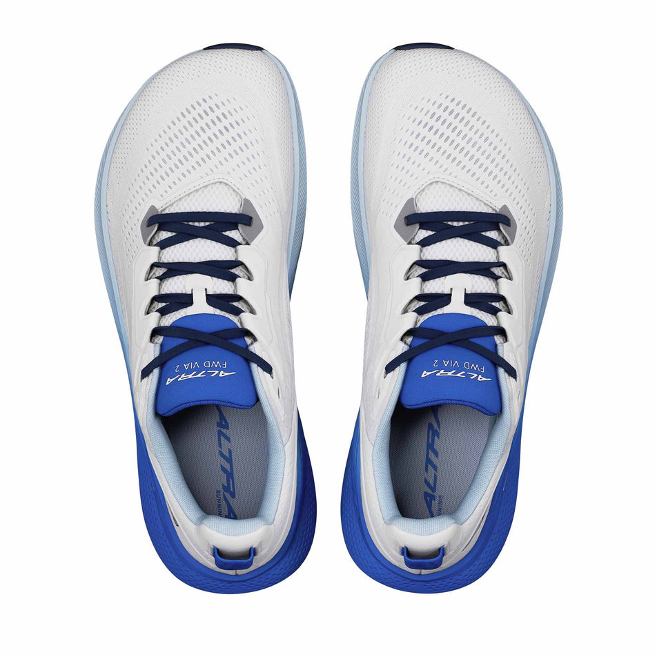 The uppers of a pair of Altra Men's FWD VIA 2 Running Shoes in the Blue/Gray colourway.
