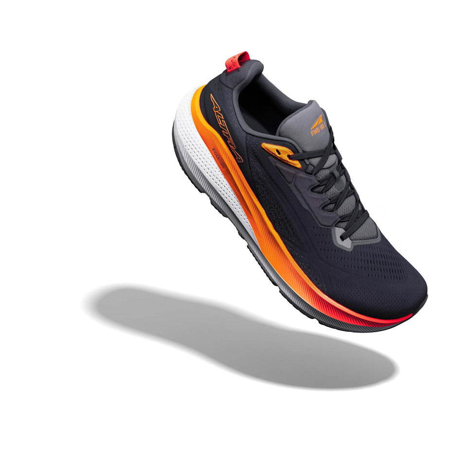 The right shoe from a pair of Altra Men's FWD VIA 2 Running Shoes in the Black/Orangepop/Firycoral colourway.