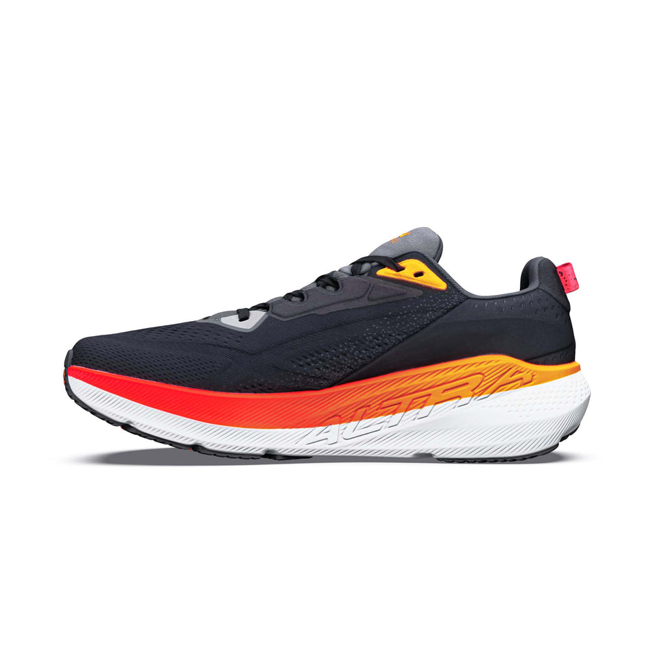 Medial view of the right shoe from a pair of Altra Men's FWD VIA 2 Running Shoes in the Black/Orangepop/Firycoral colourway.