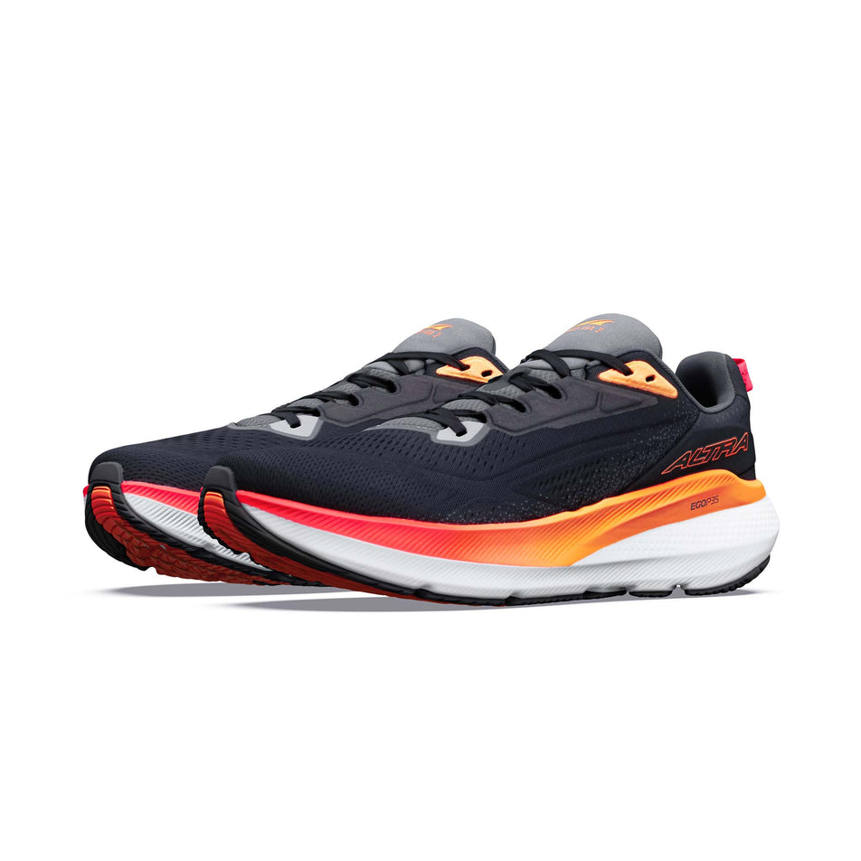 A pair of Altra Men's FWD VIA 2 Running Shoes in the Black/Orangepop/Firycoral colourway.