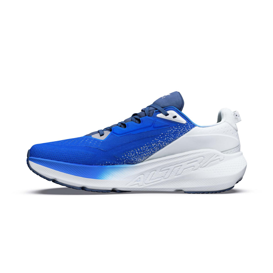 Medial view of the right shoe from a pair of Altra Men's FWD VIA 2 Running Shoes in the Victor Blue/Ice/Dark Denim colourway.