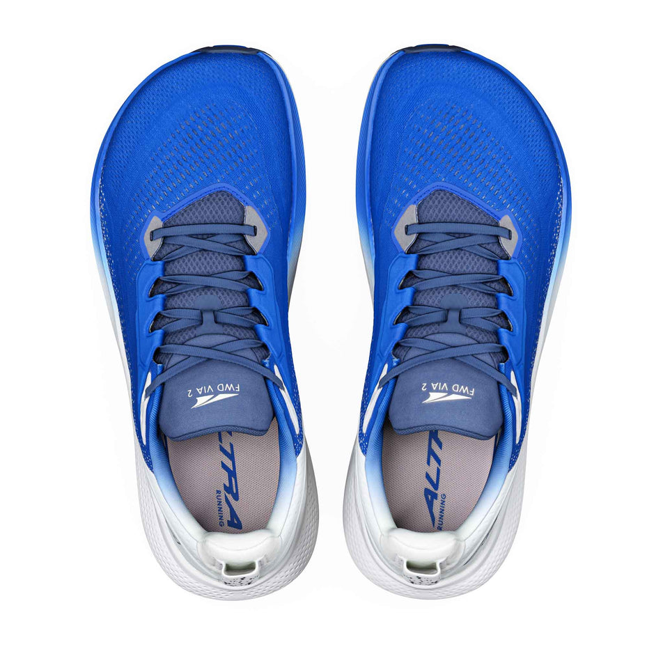 The uppers of a pair of Altra Men's FWD VIA 2 Running Shoes in the Victor Blue/Ice/Dark Denim colourway.