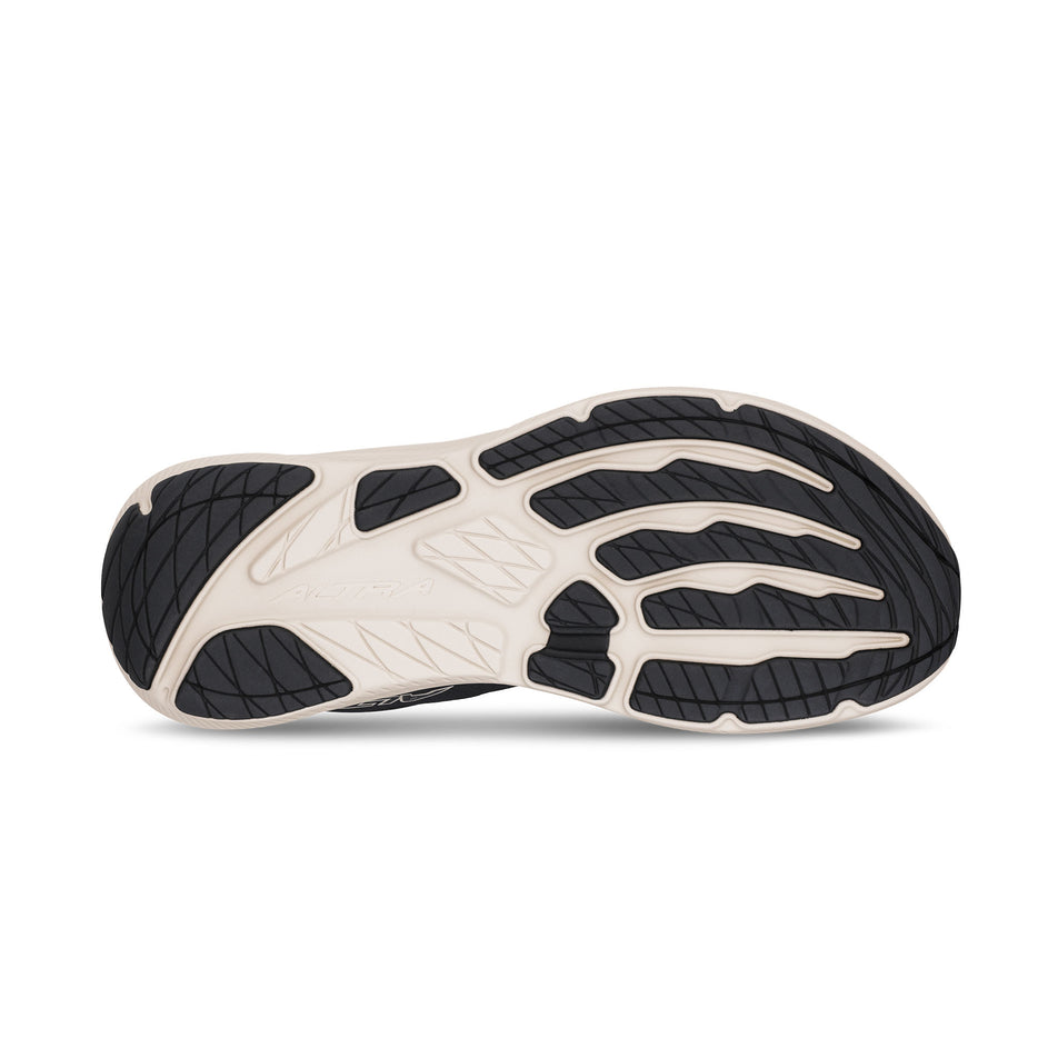 The outsole of the right shoe from a pair of Altra Men's Experience Flow 3 Running Shoes in the Black/White colourway.