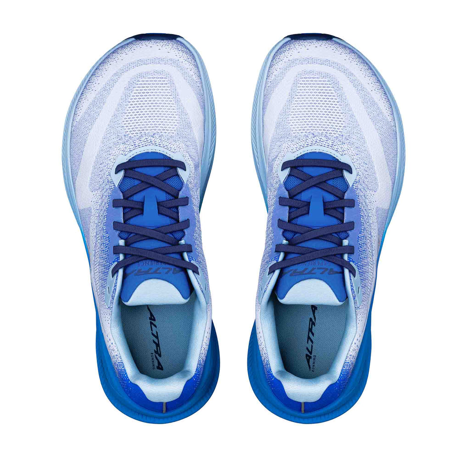 The uppers of a pair of Altra Men's Experience Flow 3 Running Shoes in the Blue/Gray colourway.