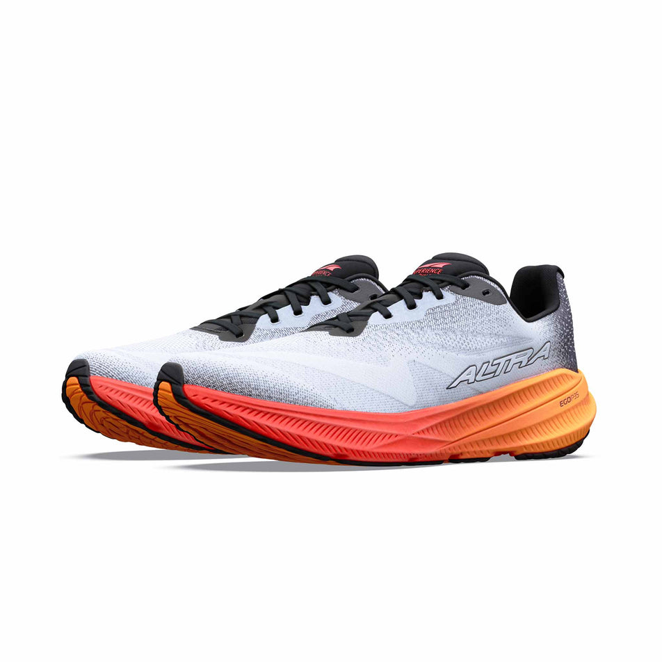 A pair of Altra Men's Experience Flow 3 Running Shoes in the White/Black/Orange Pop colourway.