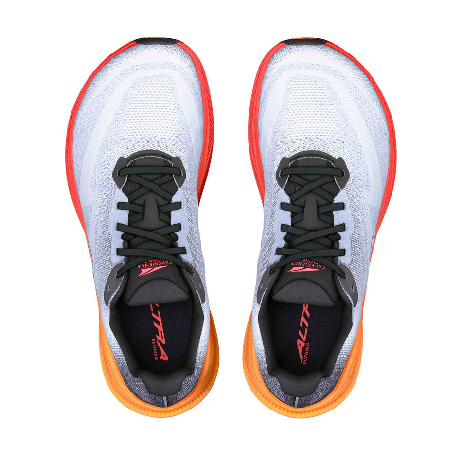 The uppers of a pair of Altra Men's Experience Flow 3 Running Shoes in the White/Black/Orange Pop colourway.