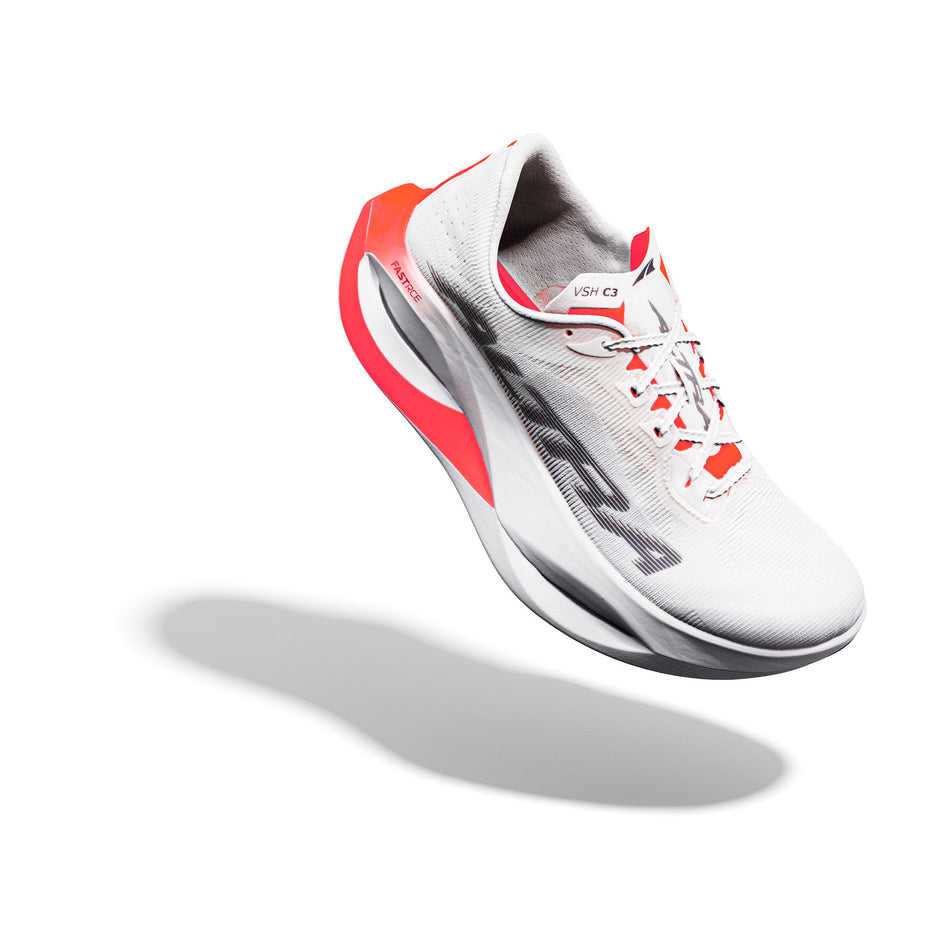The right shoe from a pair of Altra Men's Vanish Carbon 3 Running Shoes in the White/Black/Fiery Coral colourway.