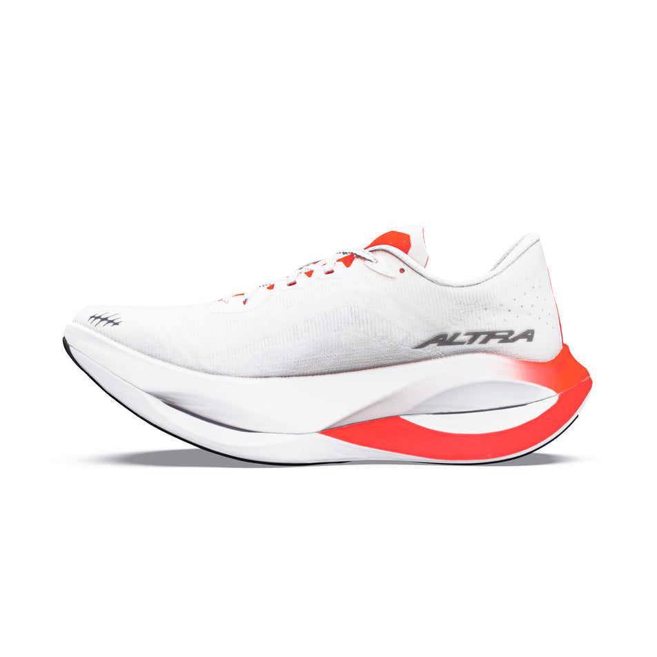 Medial view of the right shoe from a pair of Altra Men's Vanish Carbon 3 Running Shoes in the White/Black/Fiery Coral colourway.