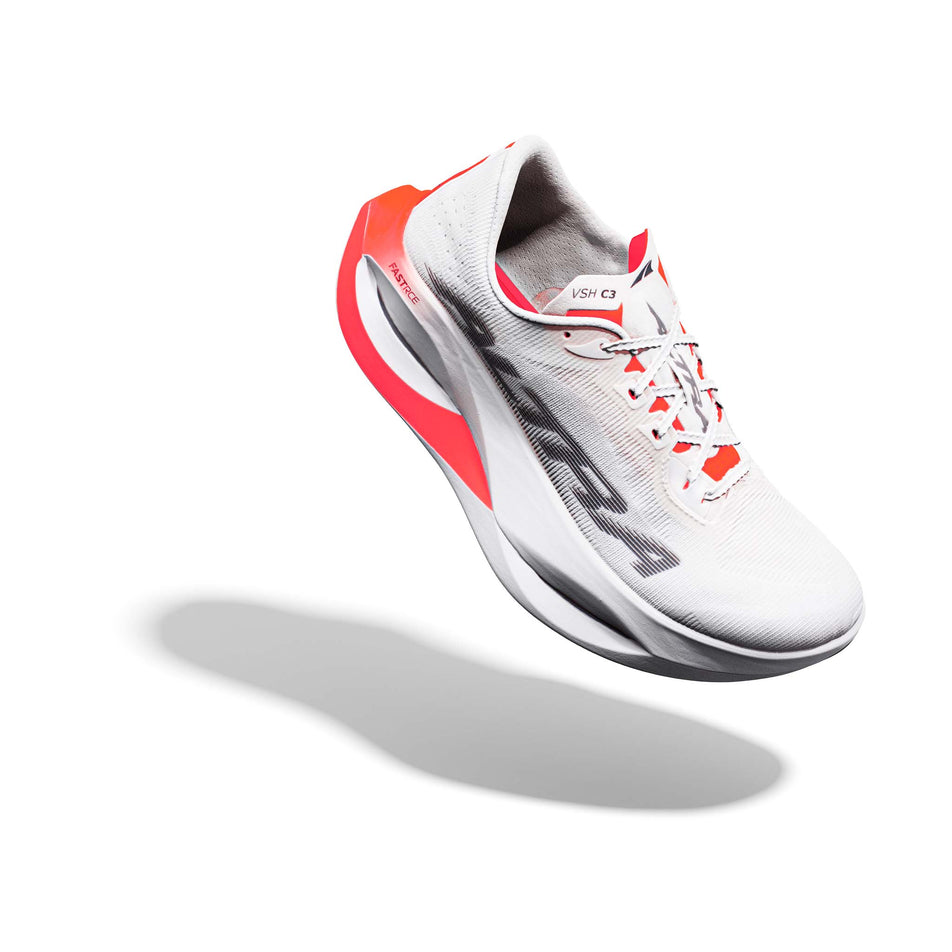 The right shoe from a pair of Altra Women's Vanish Carbon 3 Running Shoes in the White/Black/Fiery Coral colourway.
