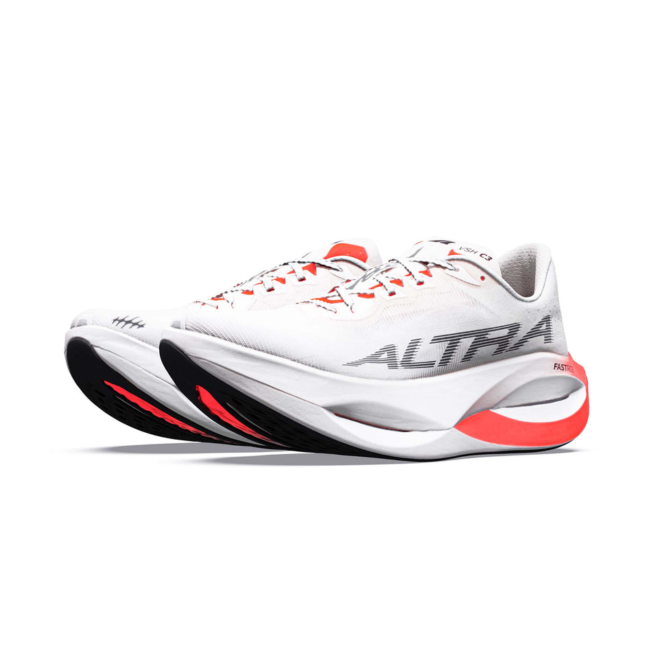 A pair of Altra Women's Vanish Carbon 3 Running Shoes in the White/Black/Fiery Coral colourway.