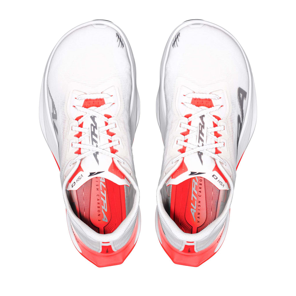 The uppers of a pair of Altra Women's Vanish Carbon 3 Running Shoes in the White/Black/Fiery Coral colourway.