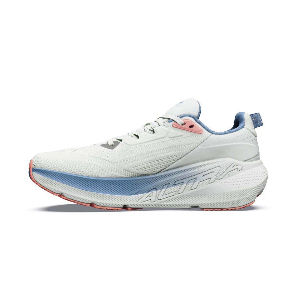 Medial view of the right shoe from a pair of Altra Women's FWD VIA 2 Running Shoes in the Ice/Silver/Wndwrd Blue colourway.