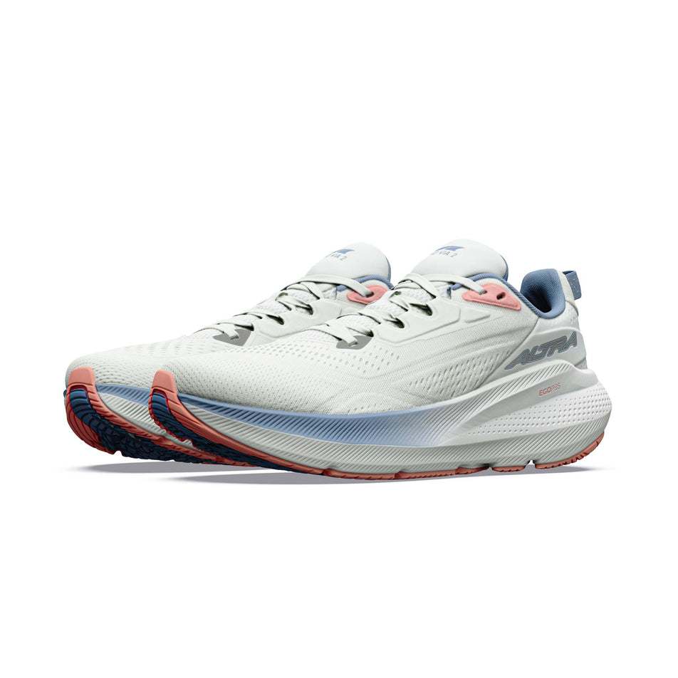 A pair of Altra Women's FWD VIA 2 Running Shoes in the Ice/Silver/Wndwrd Blue colourway.